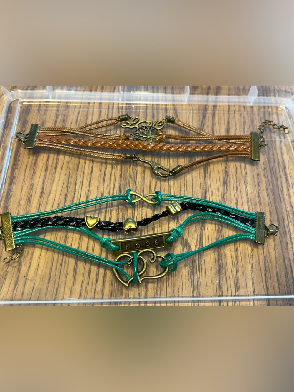 Hope & Love Multi-Strand Leather Bracelets - Green and Brown